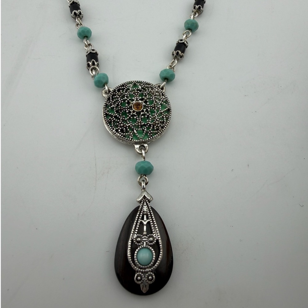 Nina Ricci Vintage Avon Y-Necklace Silver Turquoise Black Boho Filigree Teardrop